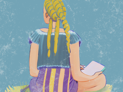 retro girl journaling in the grass _ blue background