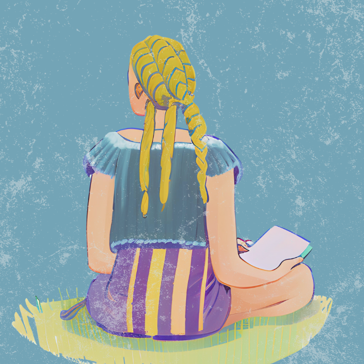 retro girl journaling in the grass _ blue background