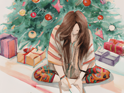 Watercolor of woman writing in her holiday planner in front of her Christmas tree