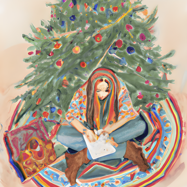 Watercolor of female writing in her holiday planner in front of her Christmas tree