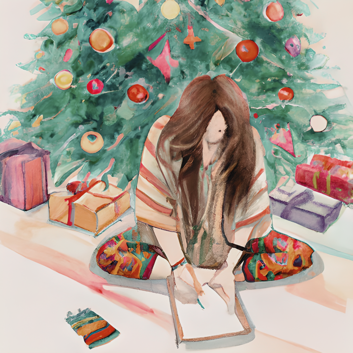 Watercolor of woman writing in her holiday planner in front of her Christmas tree