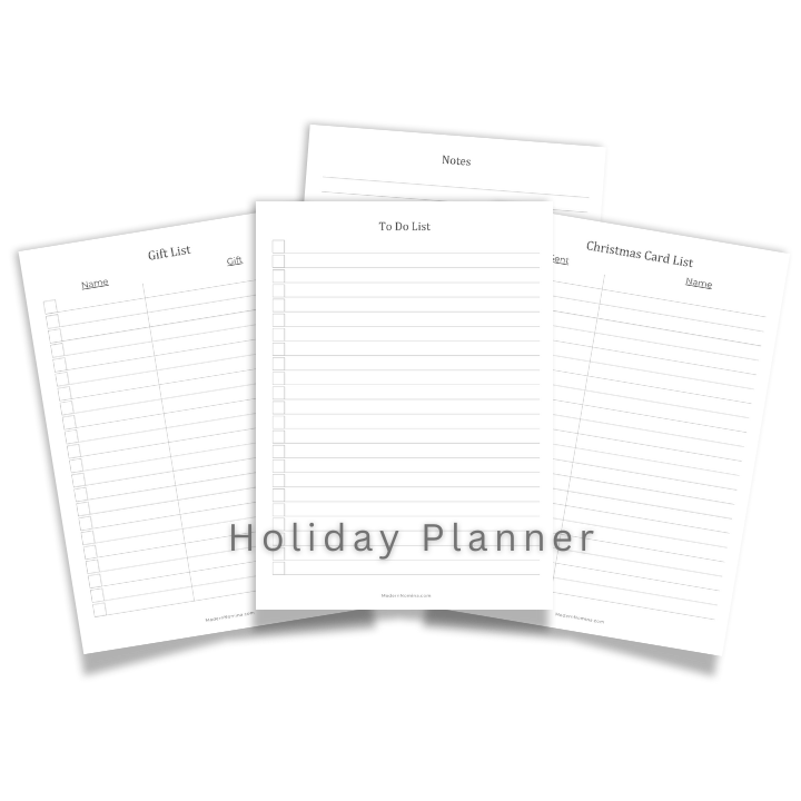 Holiday Planners with transparent background of notes page, checklist, gift list, card list