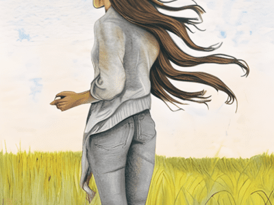 Female walking in tall grass field