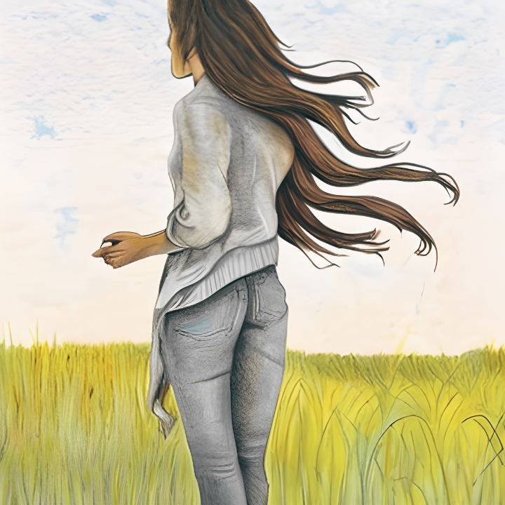 Female walking in tall grass field