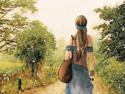 watercolor female hippie walking on nature path boho lifestyle