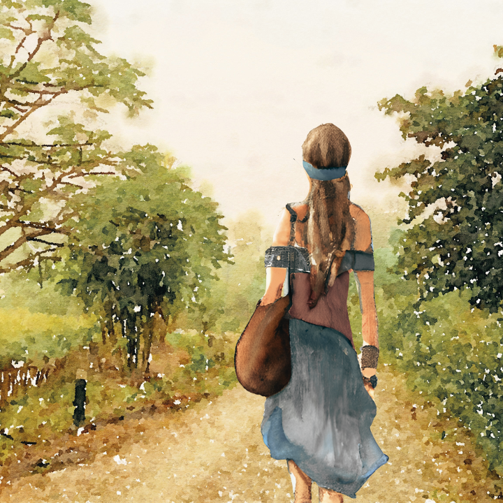 watercolor female hippie walking on nature path boho lifestyle