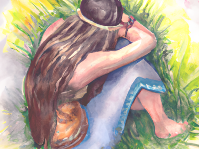 Hippie Woman Crying in Field of Grass