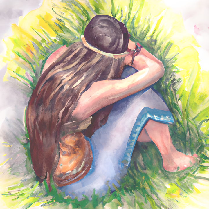 Hippie Woman Crying in Field of Grass