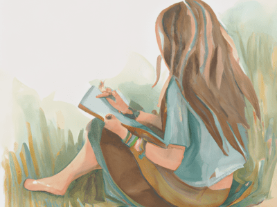 watercolor woman sitting in grass writing in her planner