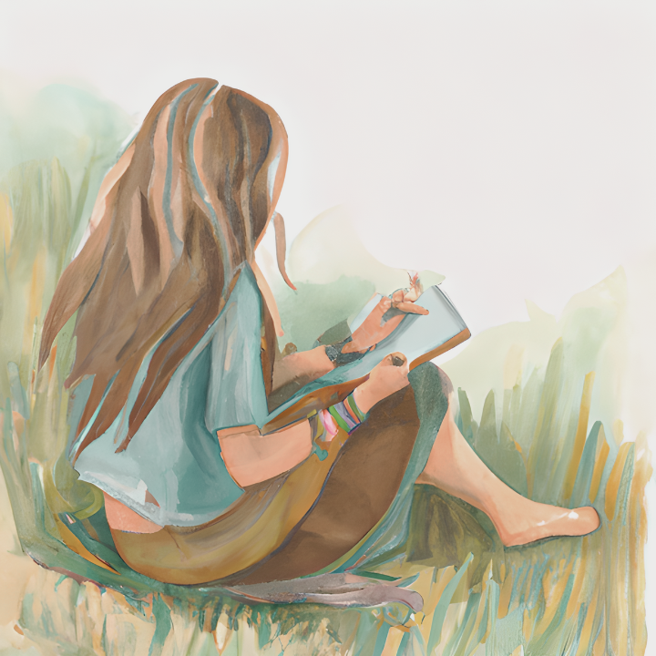 watercolor woman sitting in grass writing in her planner